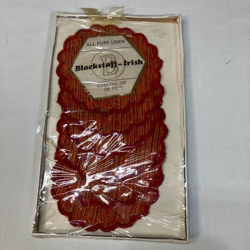 Blackstaff Irish Linen Cocktail Mats Set of 6 Orange Red‎ Scalloped Vintage NIB